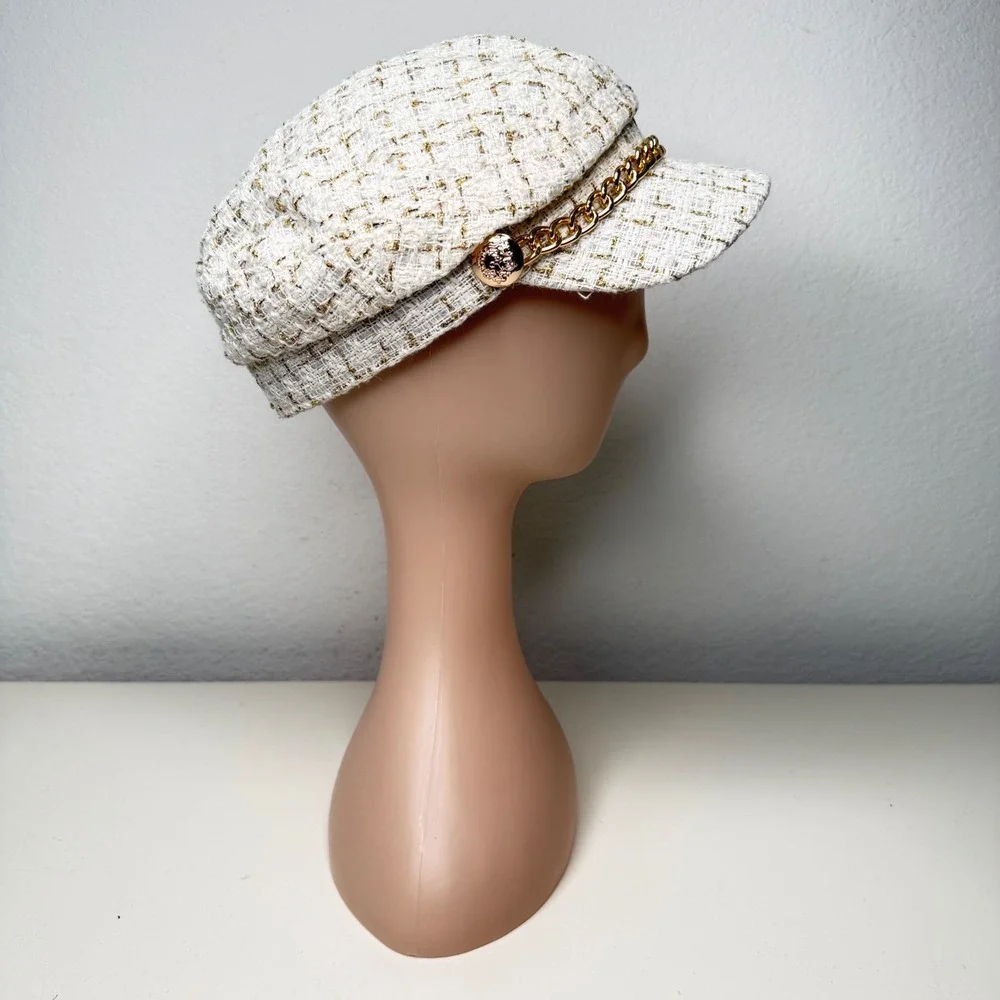 Unbranded Newsboy Cap Women Ivory Gold Tweed Chain Baker Boy Hat One Size
